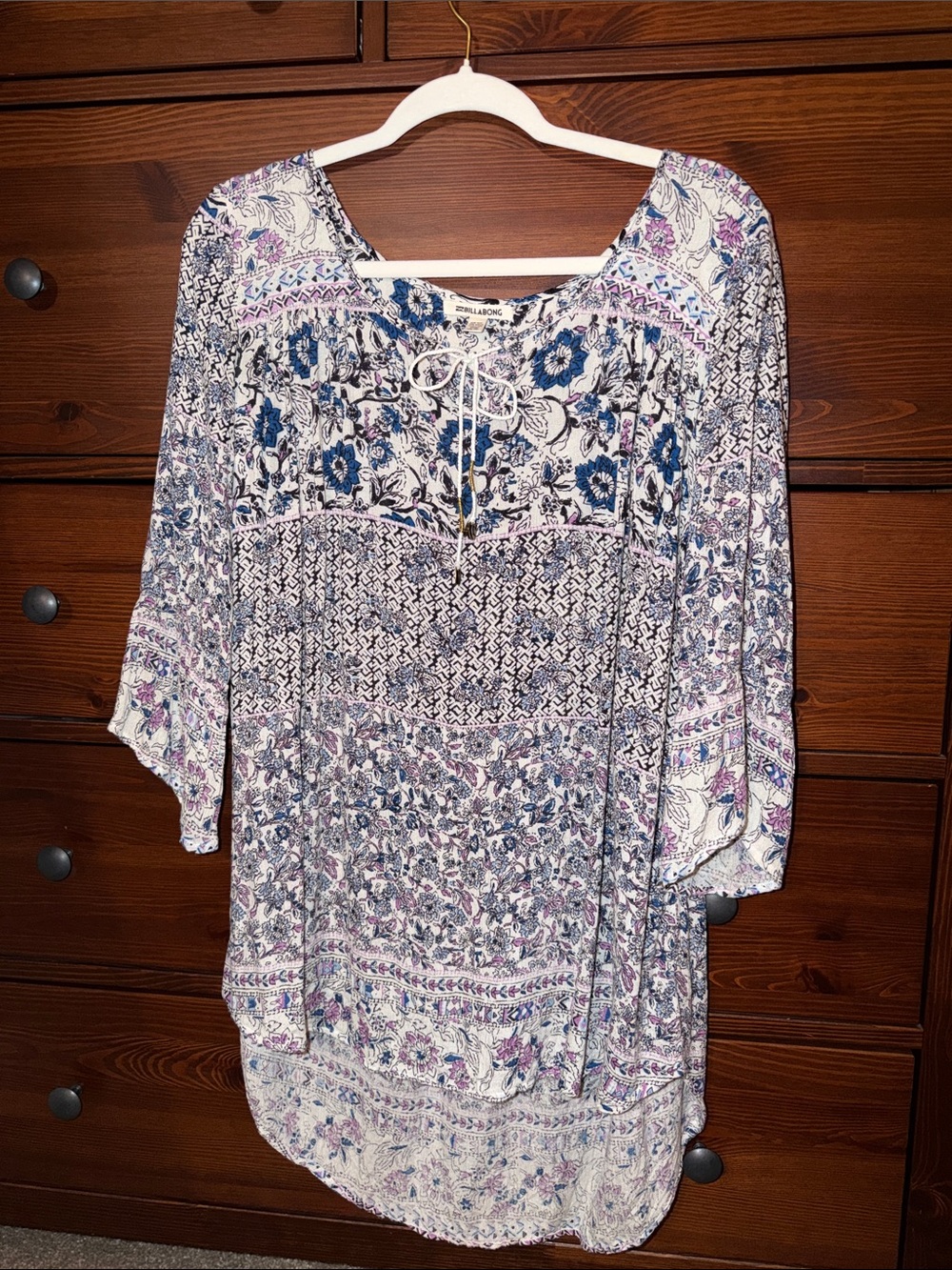 Billabong White Floral Boho Tunic with Blue and Purple Accents Size XS